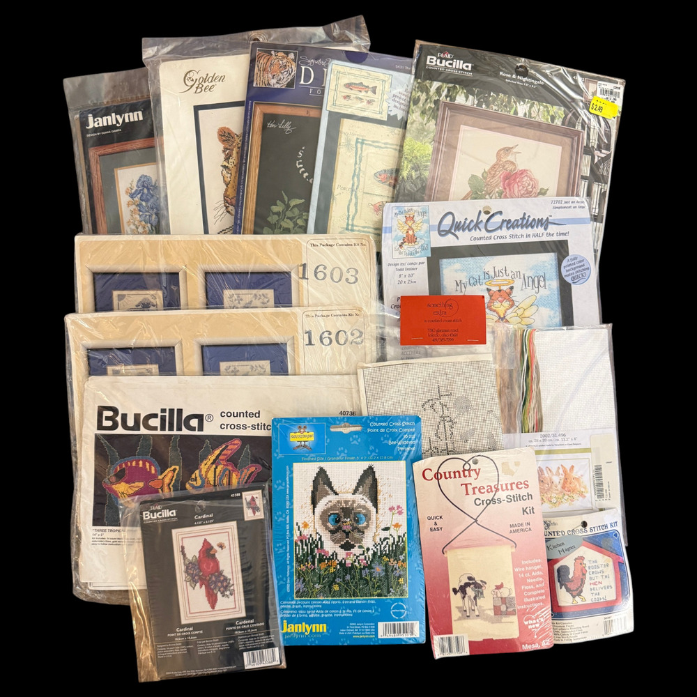 Lot of 15 Animal Cross Stitch Kits Bucilla Cat Bird Tiger Bunny Fish Leopard NOS